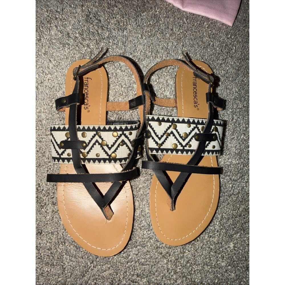 Bohemian Sandals Sz 7 Flat Heal Studded Black Zigzag T-Strap Tan Linen Look